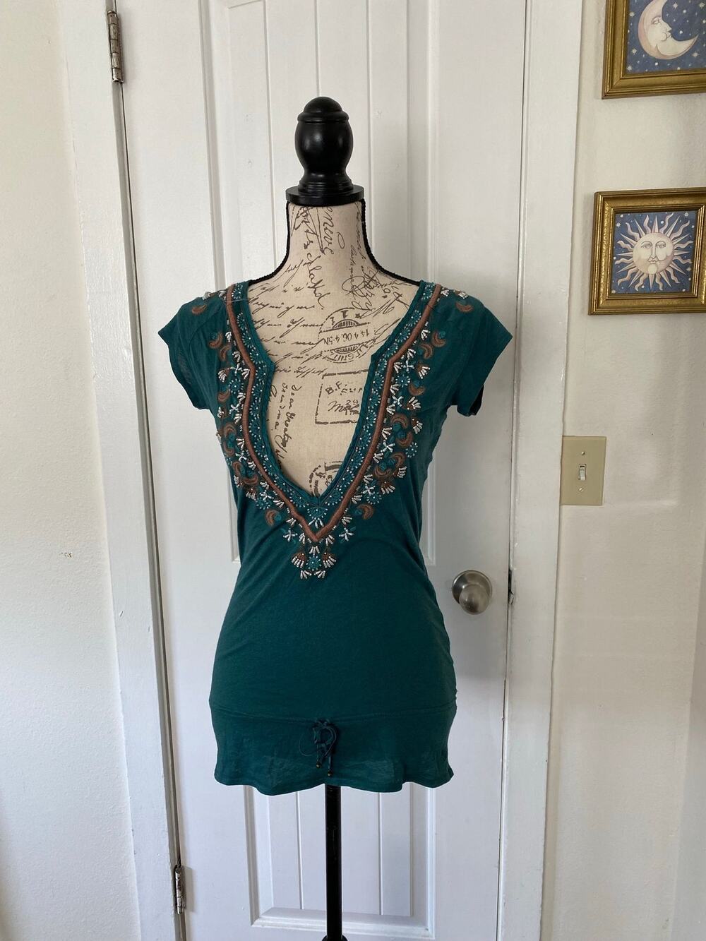Ezra Fitch Beaded Embroidered Cotton Modal Boho Top Size M